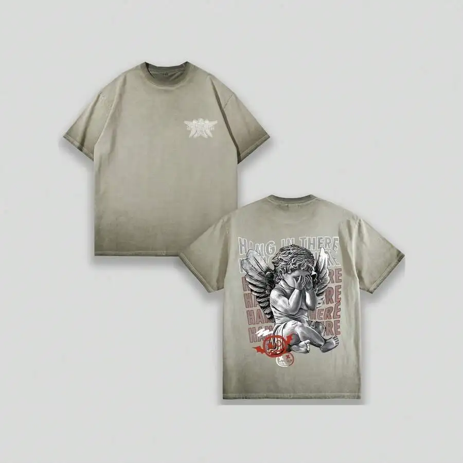 

Oversized Distressed Cotton T-Shirt With Angel Graffiti Print Unisex Streetwear Casual Tee