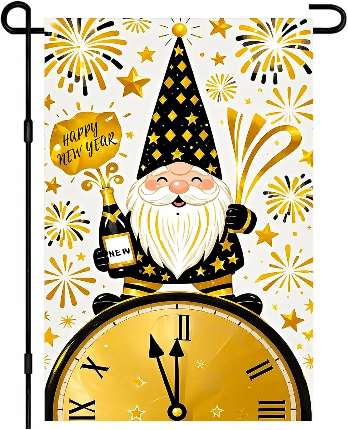 2027 Happy New Year Gnome Gold Black Garden Flag 12x18 Inch yyi