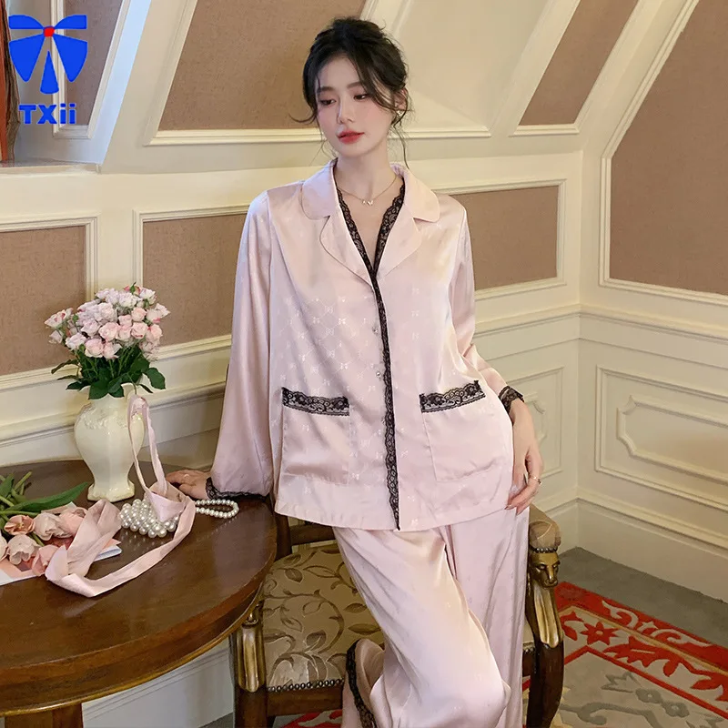 TXii French Style Pajamas Women's Long-sleeved Trousers Light Luxury High-end Ice Silk suit Autumn Pajamas Home Wear Outwear