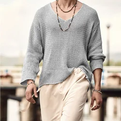 Autumn Men Long Sleeve T Shirt Vintage Solid Knitting Tops Mens Casual Loose V Neck Tee Fashion Male Knitted Clothing Streetwear