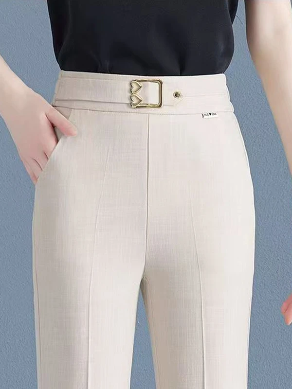 

High Waist Straight Leg Thin Ice Silk Casual Ladies Pants Summer New Style Cotton Linen Bell Bottoms Small Size Suit Trousers