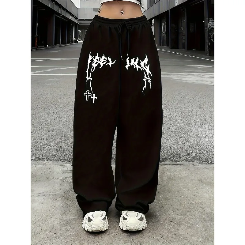 Gothic Cross Print Casual Sports Pants, American Casual Men's and Women's Straight Leg Pants
