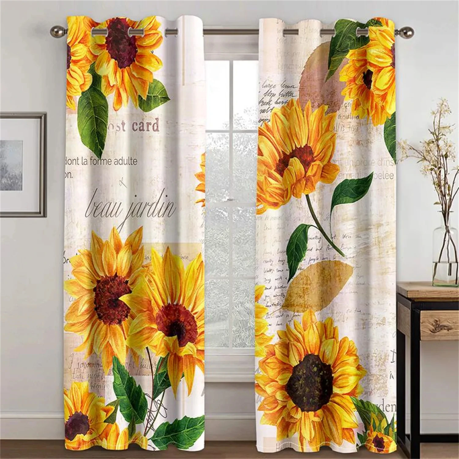 Vintage Pastoral Style Yellow Sunflower Curtains 2 Panels For Living Room Bedroom Kitchen Balcony Decorative Curtains