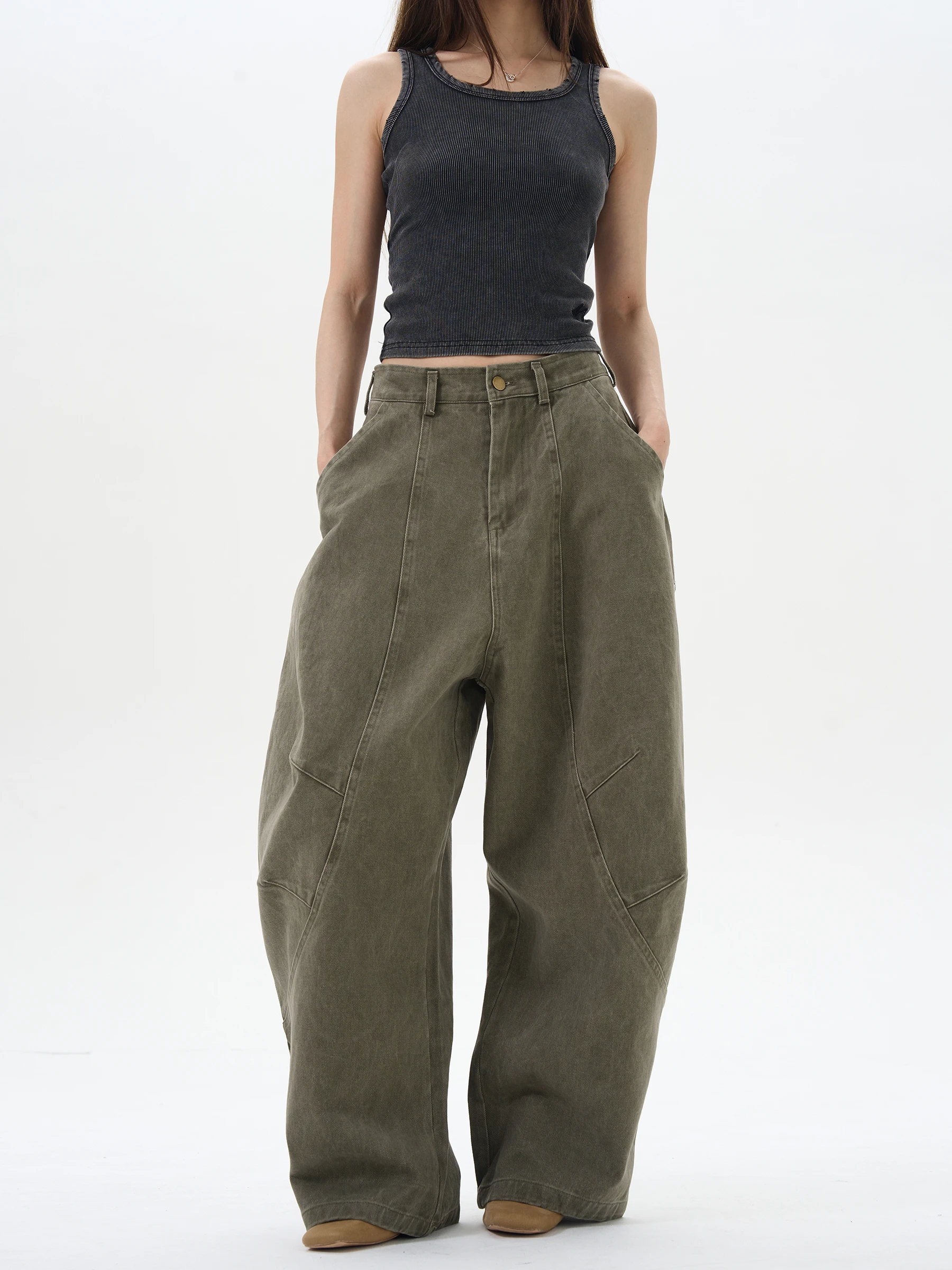 

Loose Men's Workwear Pants Green Brown Color Couple's Fashionable Trousers Straight Fit Canvas Cotton Youthful Spring Style