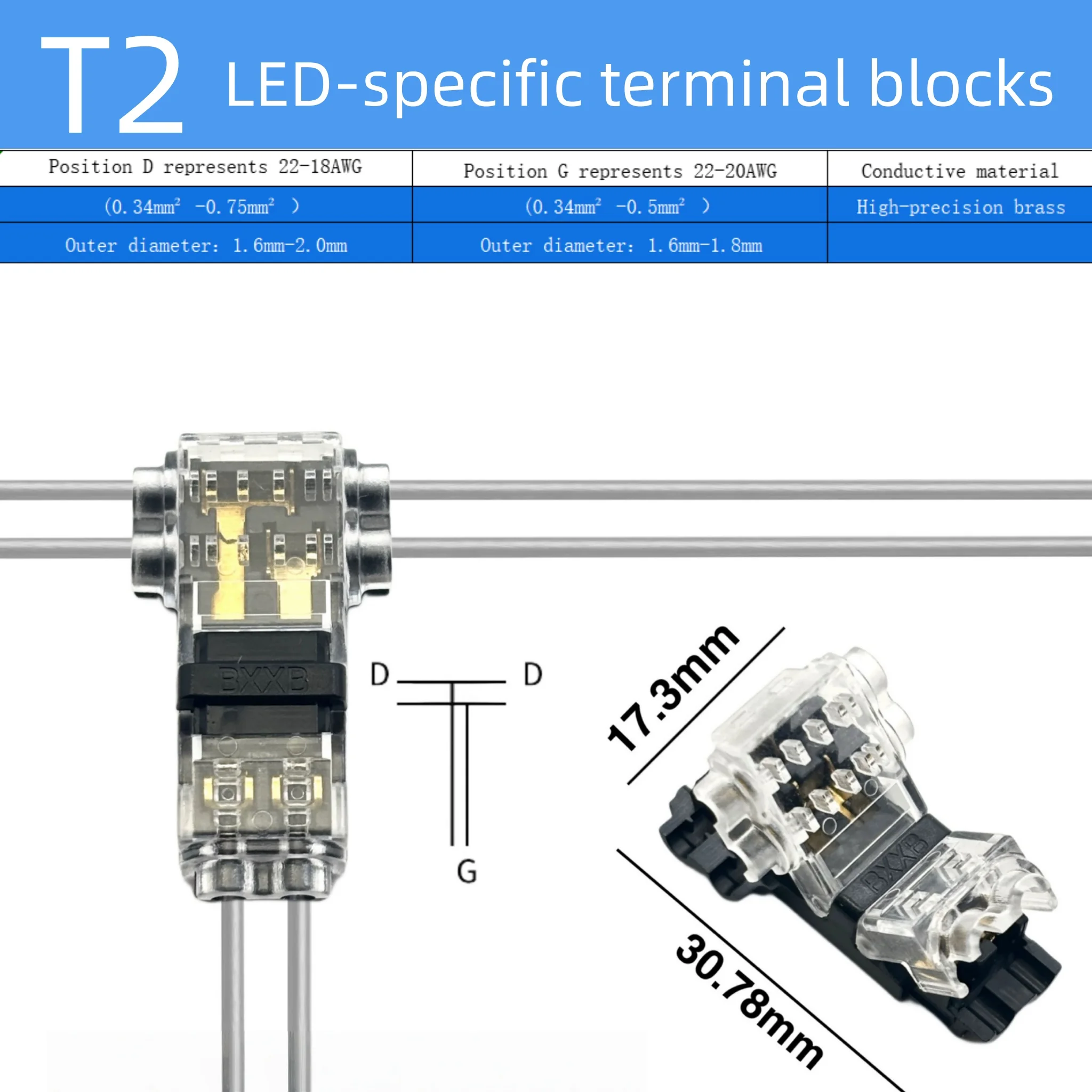 D Type T Type 1 Pin Low Voltage Wire Connector, Quick Solderless Wire Splice Connector, T Tap Wire Connectors, No Stripping