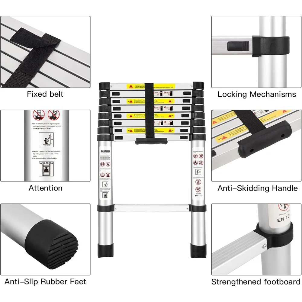 Escada telescópica de alumínio EN131 com capacidade de 8,5 pés e 330 libras para trabalho ao ar livre em RV doméstico