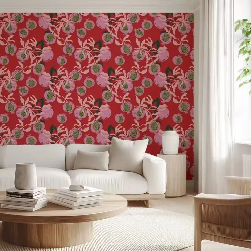 Red Pomegranate Wallpaper Peel and Stick,Pink Floral & Leaf Print Wall Mural,Mediterranean Home Decor,Self-adhesive Or Tradition