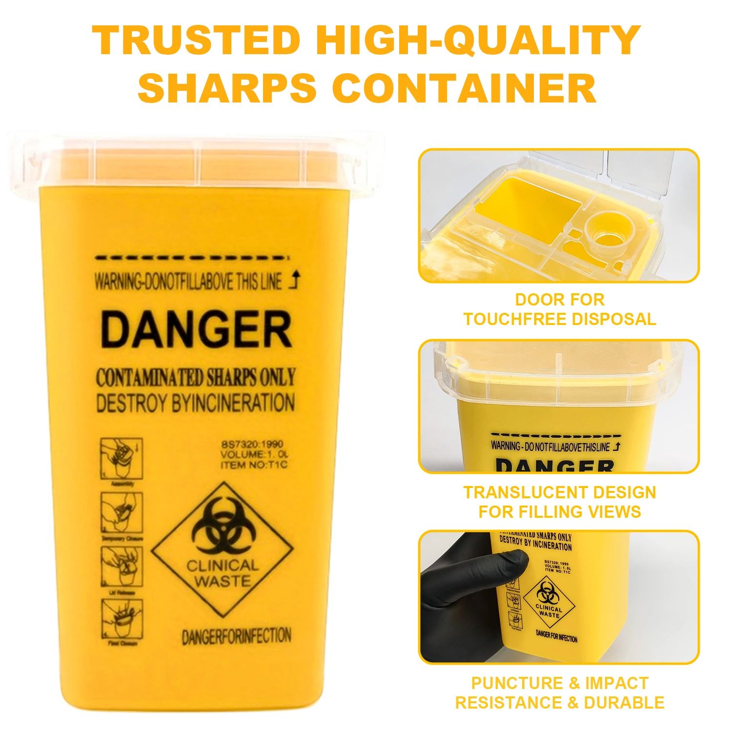 1L Tattoo Sharps Container Disposal Box Biohazard Needle Waste Bin for Tattoo Piercing Needles, Medical & Tattoo Artist Supplies