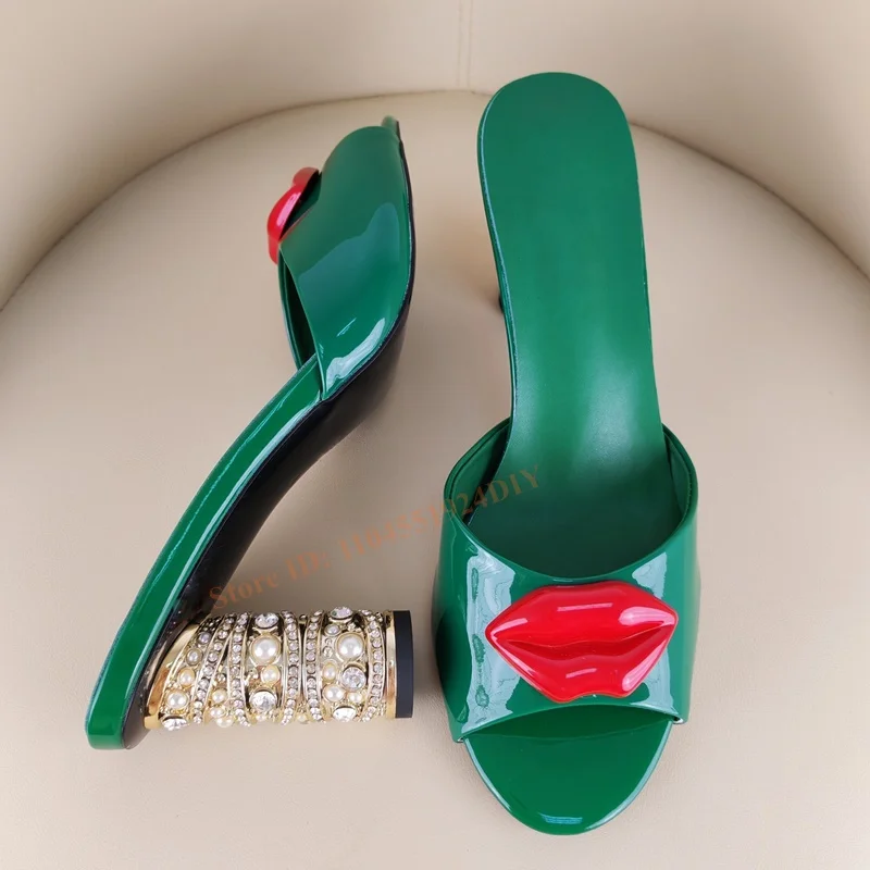 

Women Open Toe with Sexy Red Lip Mouth Mules Rhinestone Decor Chunky Heeled High Heels Sandals Padded Green High Heels