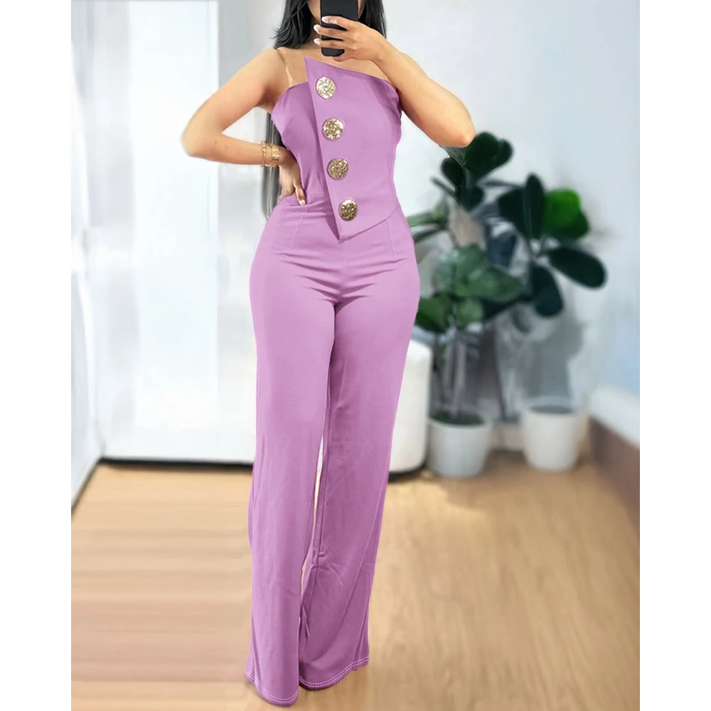 

Women Asymmetrical Bandeau Strapless Skinny Jumpsuit Metal Button Decor Casual Overalls Elegant Outfits