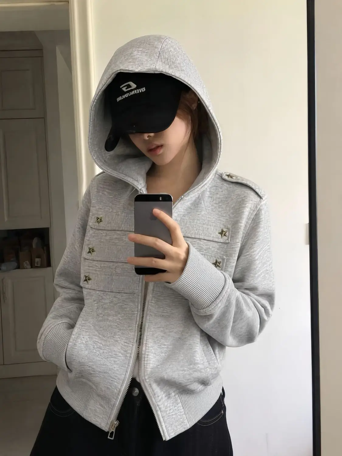 HOUZHOU Women Napoleon Style Star Studded Hoodie Vintage Zip Up Gray Sweatshirt Shoulder Epaulets Casual Streetwear Short Jacket