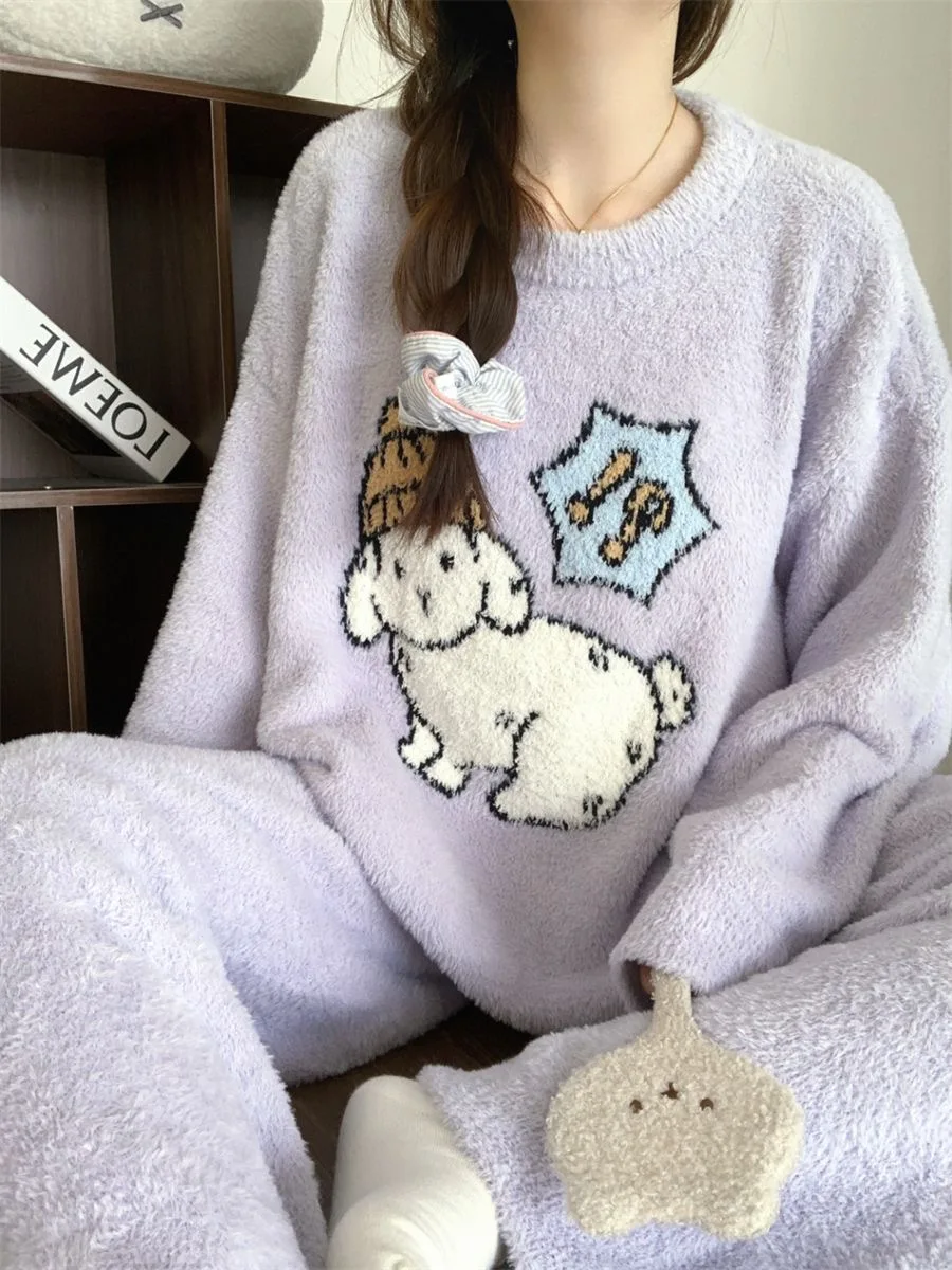 

Kawaii сиреневый пижамный комплект для щенков, женская теплая пушистая фланелевая одежда для сна, зимняя рождественская домашняя одежда PJS, Y2K, корейская одежда для дома, ночное белье