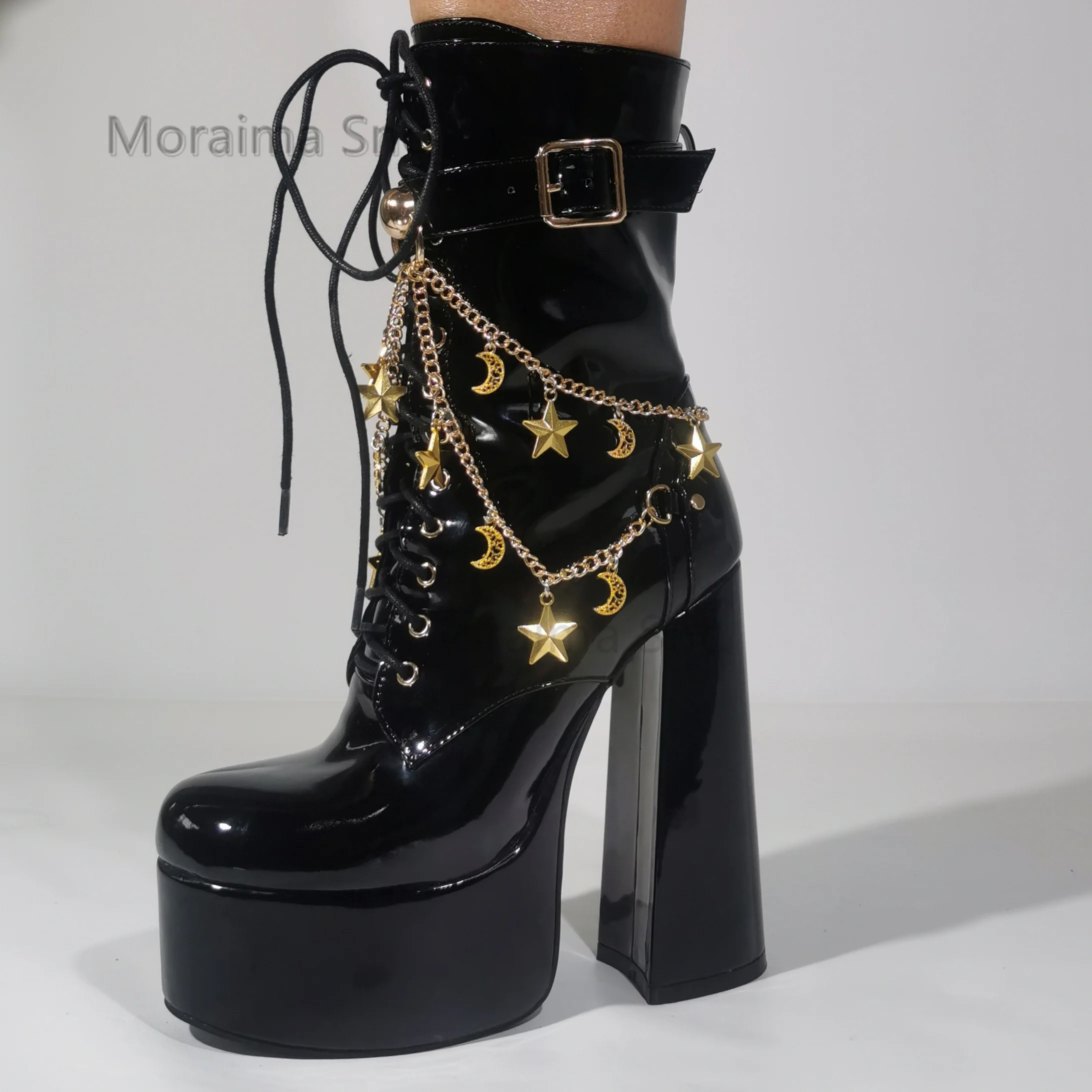 Patent Leather Platform Ankle Boots for Women Round Toe Chunky High Heels Gold Chain Decor Short Boots Black Lace Up Lady Shoes