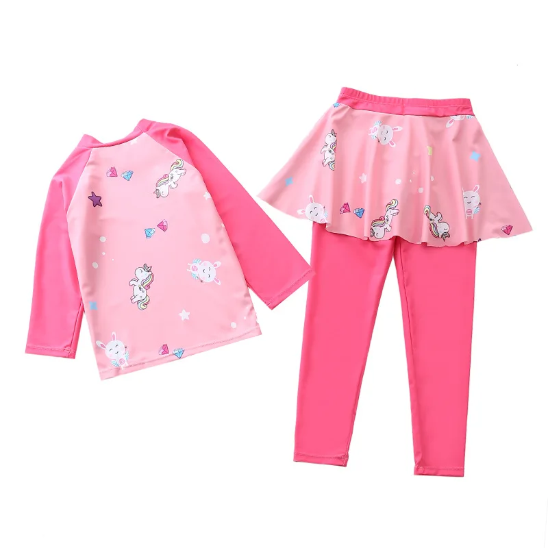 Maillot de bain à manches longues pour fille, ensemble deux pièces, avec jupe et pantalon, pour la plage, d\'été