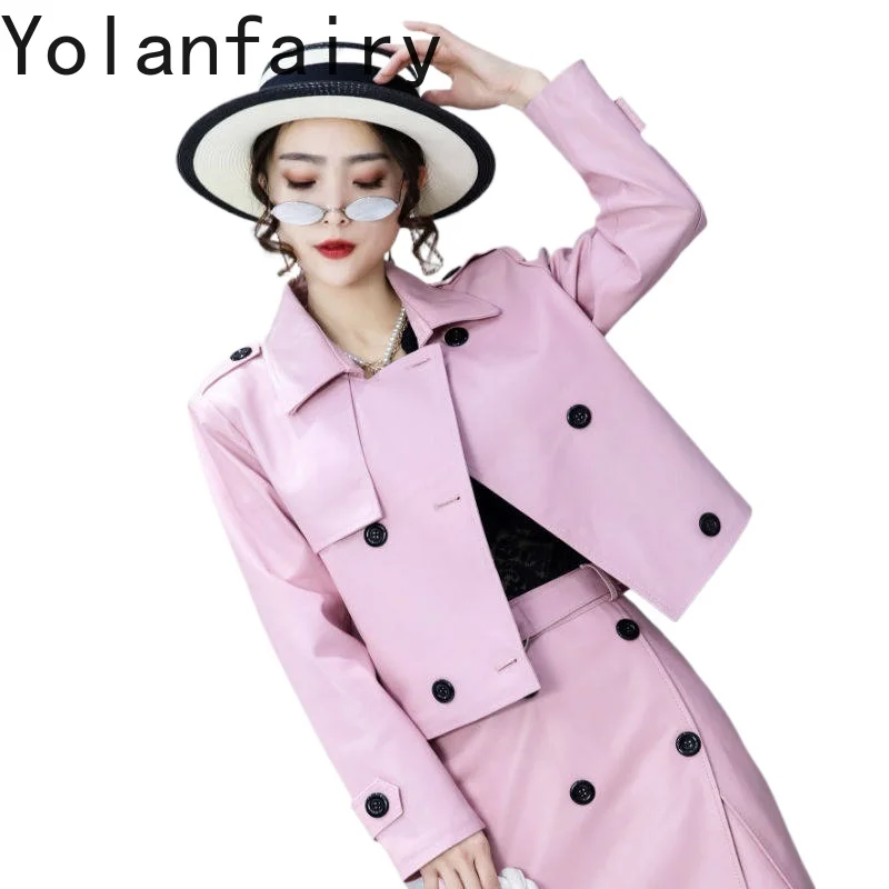 YOLANFAIRY Short Real Sheepskin Coat Woman Autumn Korean Style Genuine Leather Jacket Slim-fit Pink Leather Jackets Polo Collar