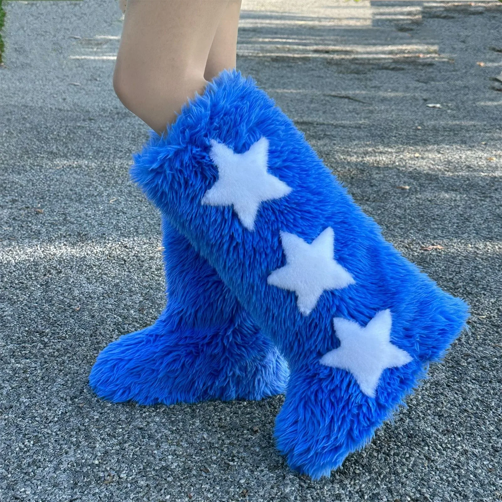 Fluffy Faux Fox Fur Mid Calf Snow Boots for Women Star Patch Design Y2K Ladies Warm Winter Shaggy Furry Boots