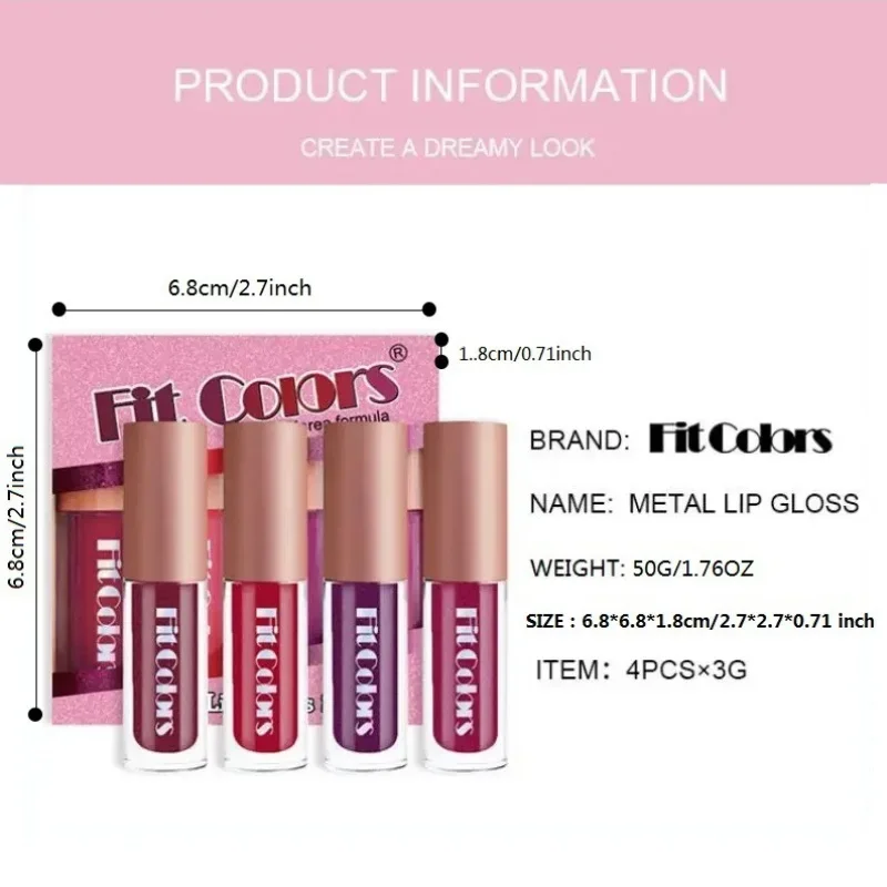 Fit Colors Diamond Shiny Lip Gloss 4szt Nieklejący się matowy zestaw błyszczyków Wodoodporna, odporna na pot, długotrwała pomadka w płynie do makijażu