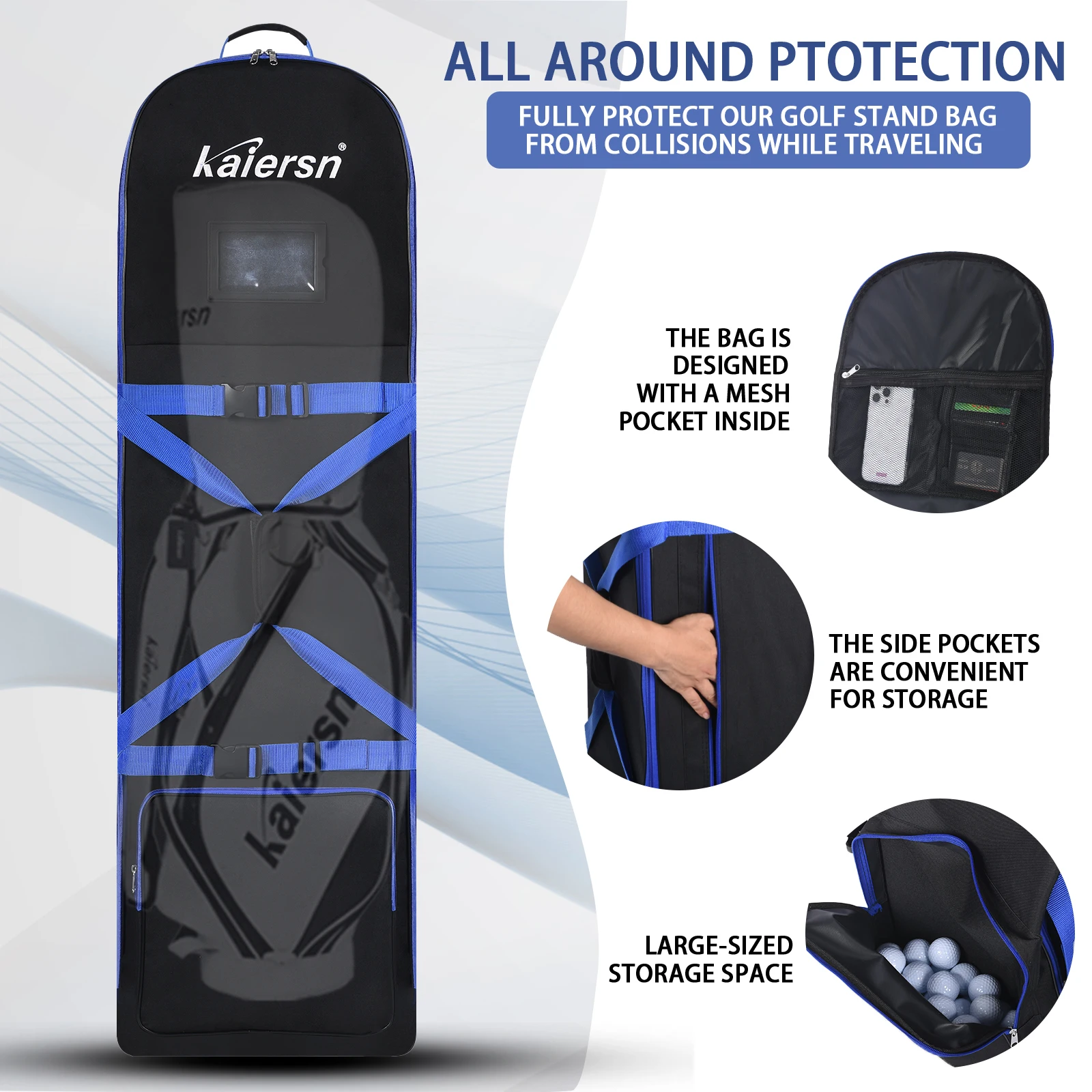 حقيبة سفر الجولف المميزة من Kaiersn مع سحابات شديدة التحمل وعجلات كبيرة وحقيبة طيران جولف قابلة للطي للنقل المريح