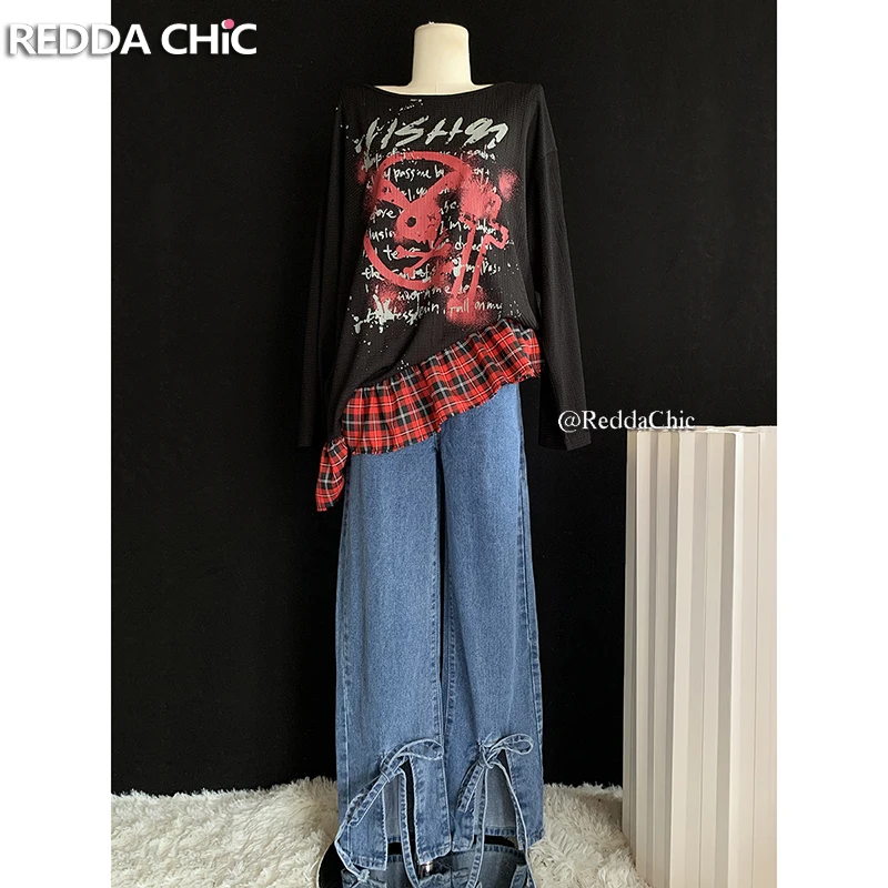 

REDDACHiC Tall Girl Friendly Ribbon Baggy Jeans Women High Rise Solid Casual Slit Straight Wide Leg Pants Cute Korean Streetwear