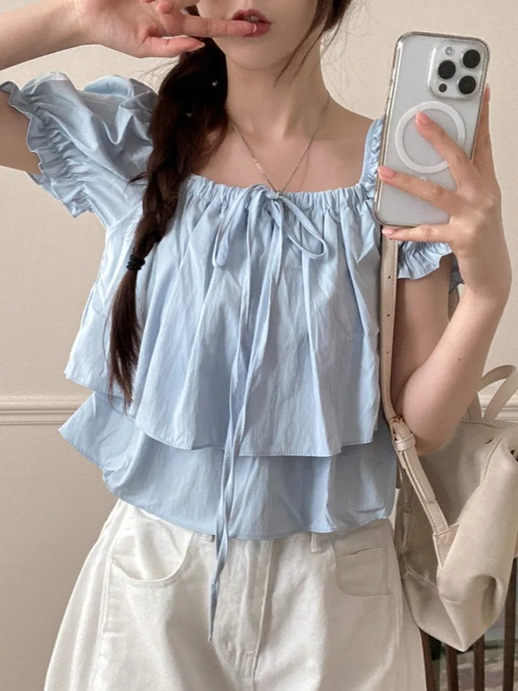 

Sweet Bubble Sve irt Dstring Tie Женский воротник плиссированный суета Хлопок ort Sve Свободный крой Летний топ Faion