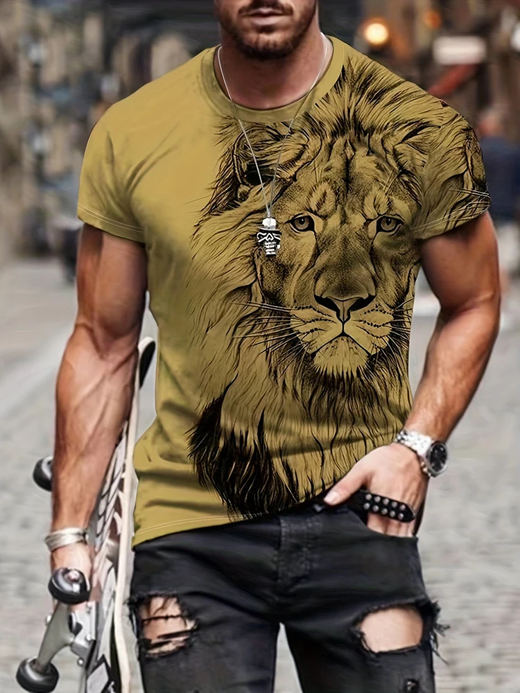 

Men's Summer T-shirt With Lion Print Trendy And Cool Casual O-neck Fashionable And Loose High-Quality Animal Elements Men's Tops