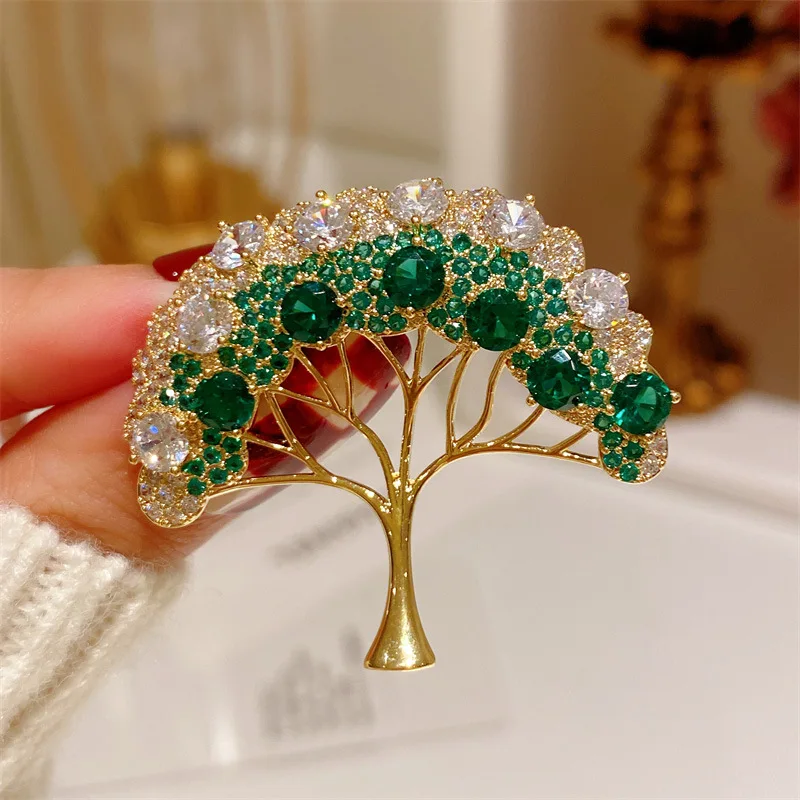 

Life Tree Design Brooches For Women Gold Color Green Zirconia Stone Fashion Jewelry Cute Clothes Pin Accessories Party Corsage