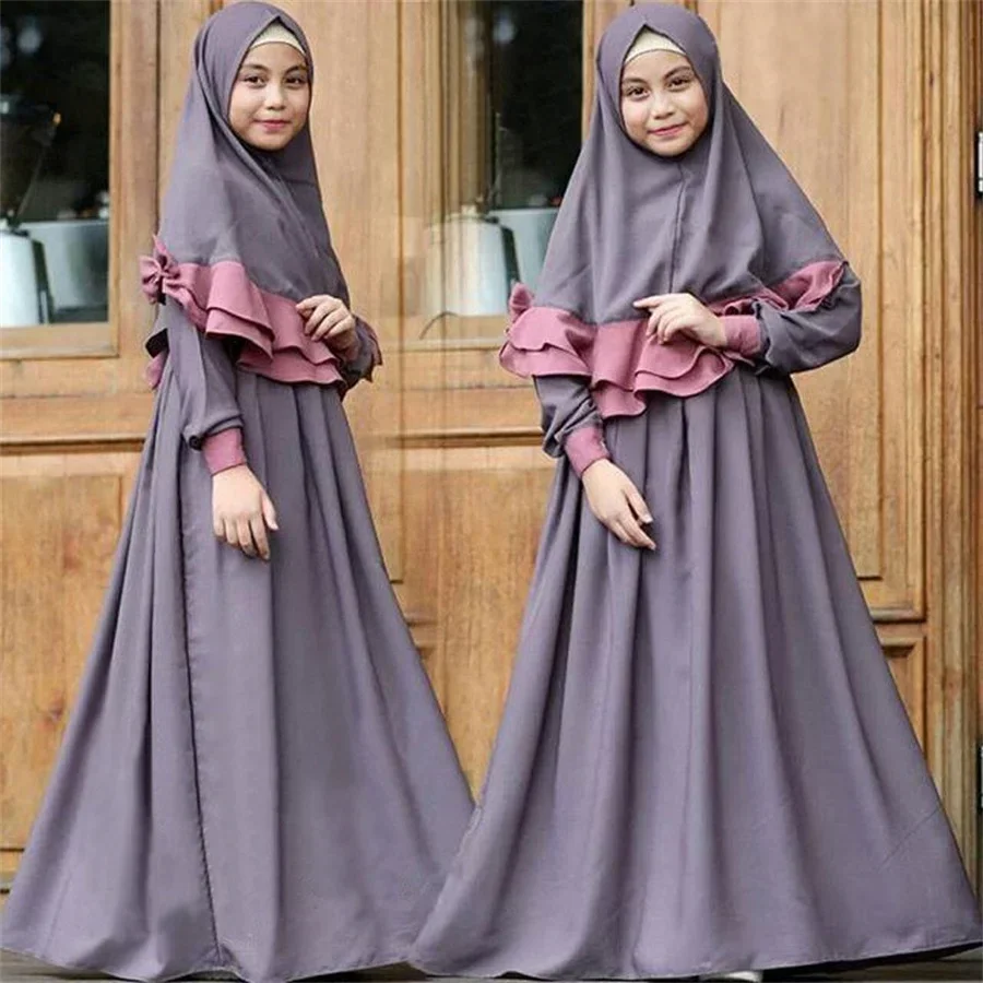 Muslim Children Girls 2 Pieces Prayer Maxi Dress Hijab Abaya Ramadan Sets Arab Kids Headscarf Long Robe Islamic Eid Chador Gown