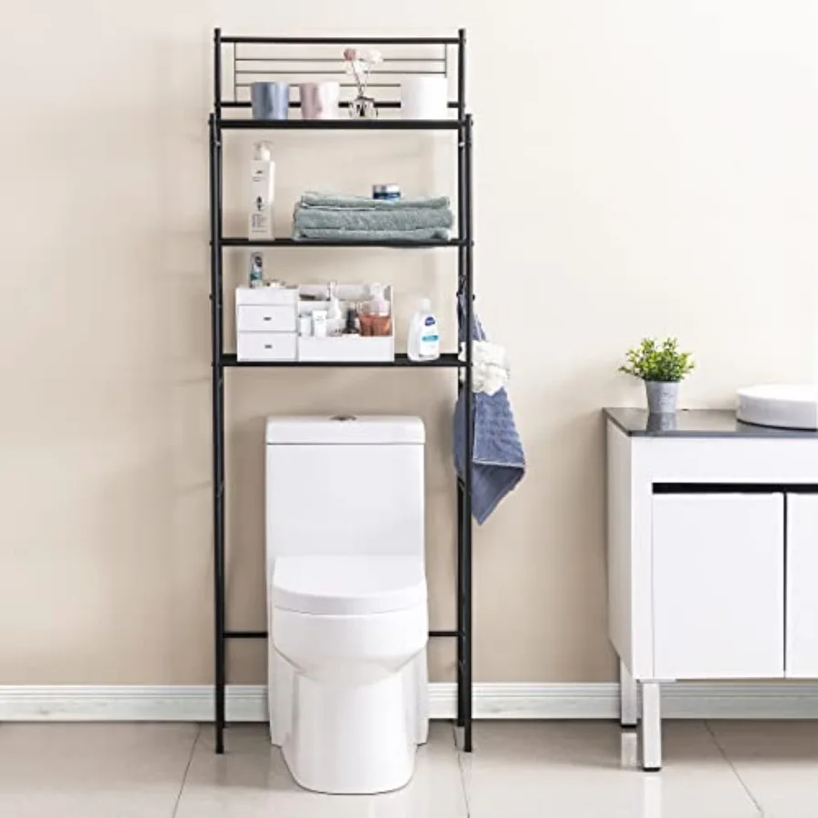 

3-Shelf Over The Toilet Storage Bathroom Rack Space Saver Organizer Free Standing Metal Shelves with 4 Hooks, Black