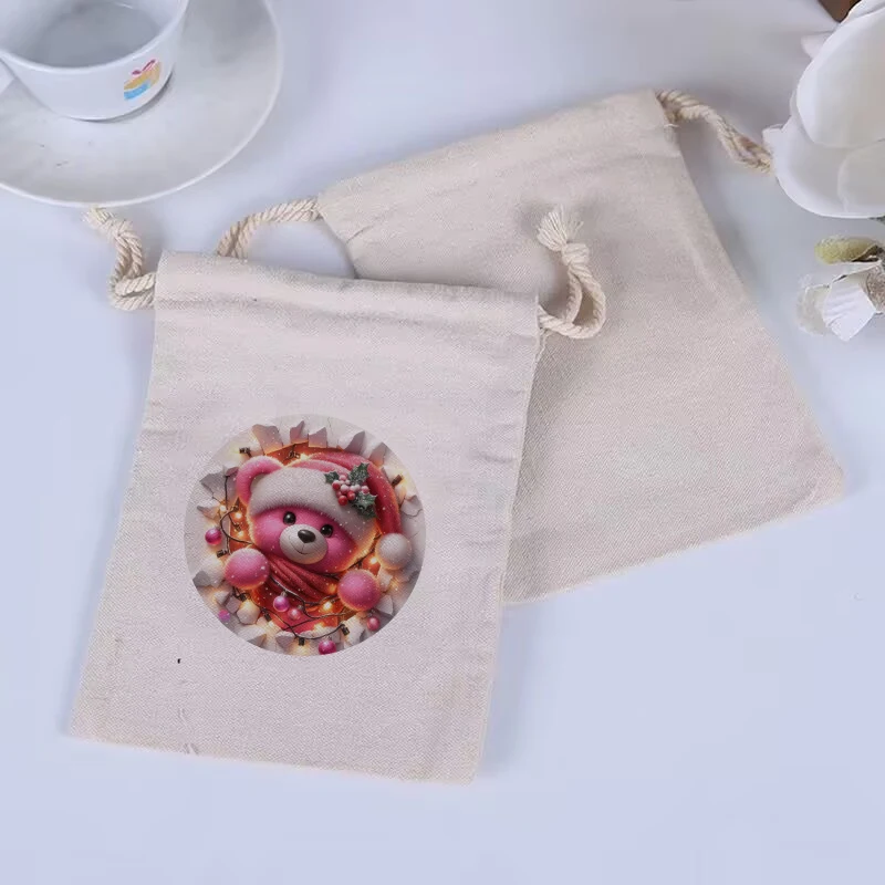 10pcs/Christmas circular logo reusable cotton drawstring gift carrying bag, wedding party decoration drawstring gift bag