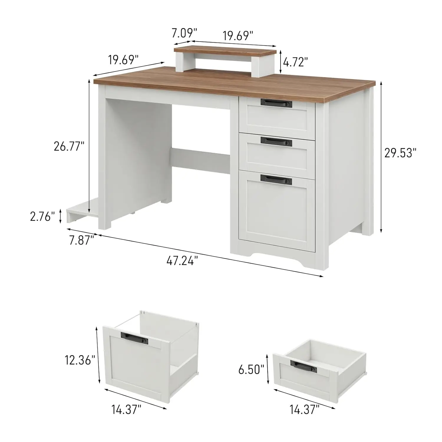 #47.2”Farmhouse Computer Desk with Adjustable File Drawer, 3 Drawers Reversible Executive Desk with Movable Monitor, Customized