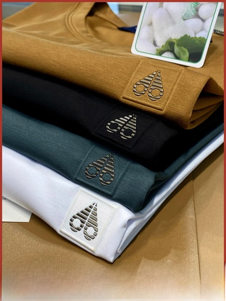 

High-End Men's Casual ort Sve T-irt Silk Elastic Breathable Spring Summer Faionable Stand Fit round Ne Pure Color