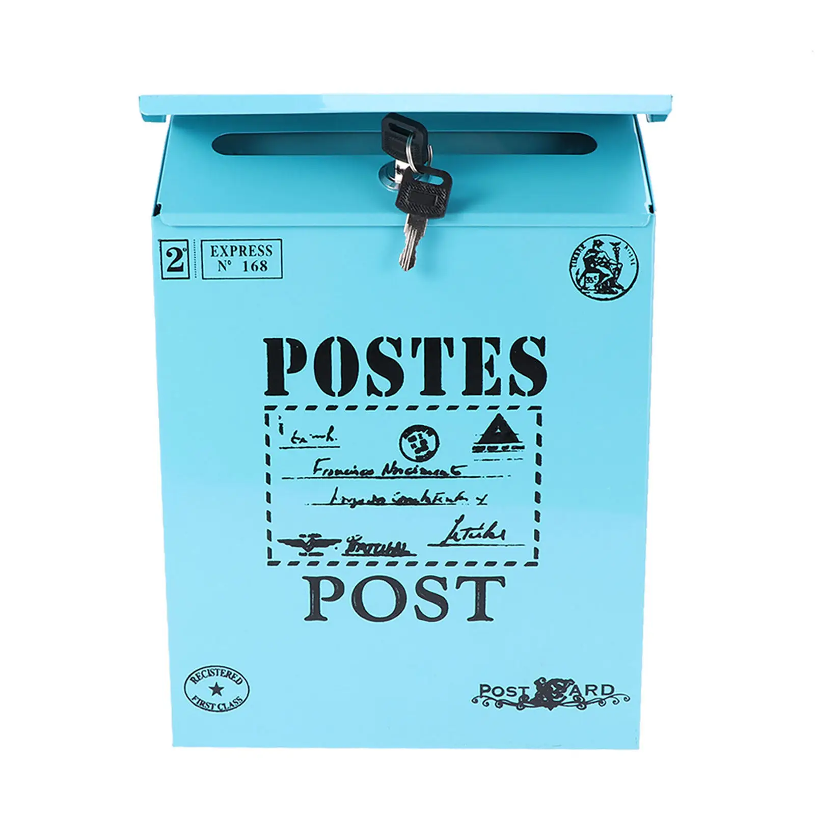 Blue Iron Post Box Vintage Style Wall Hanging Locking Mailbox Letter Letterbox Drop Metal Mail Organizer Decorative