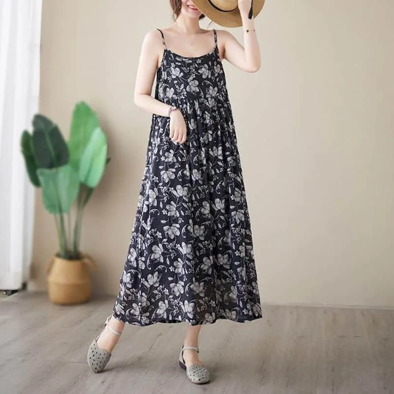 Women Dresses Vintage Summer Floral Printed Sleeveless A-line Casual Loose Korean Fashion  Mid-Calf  Dress for Women Clothing