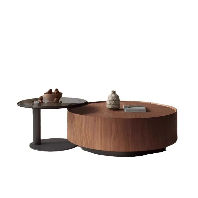 

simple, walnut round, coffee table light luxury, high-end minimalism, modern living room small apartment, round Nordic