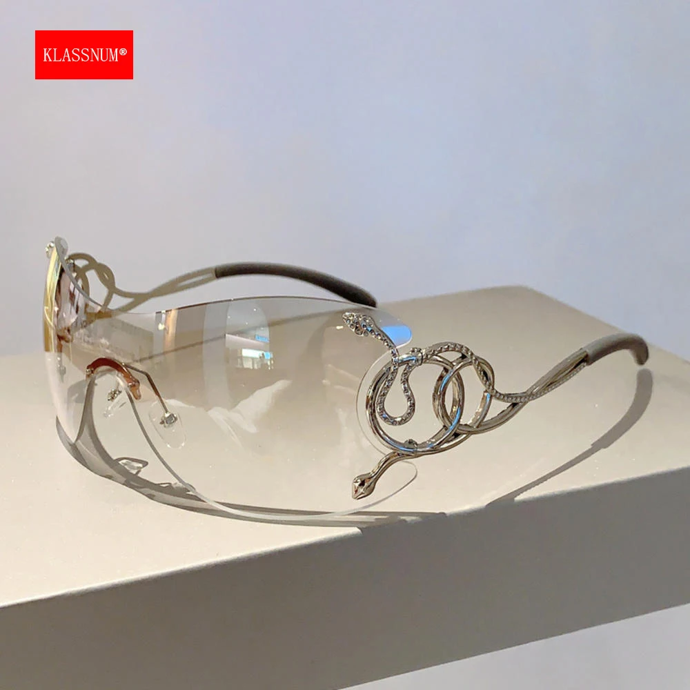 KLASSNUM Women Rimless Sunglasses Y2k Stylish Gradient Lens Outdoor Shades Party Luxury Brand Design Metal Frame Eyewear Goggle