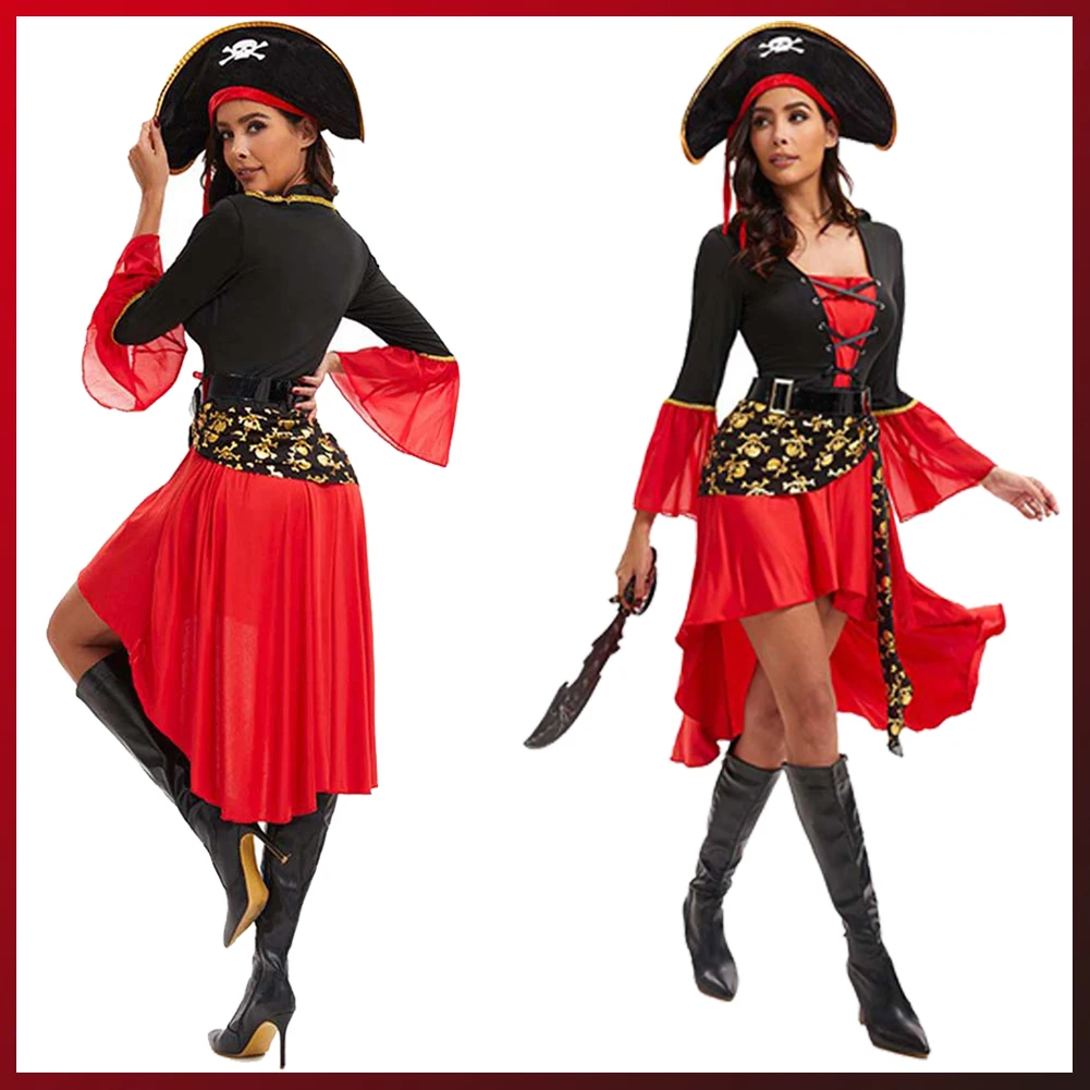 

Pirates Captain Cospaly Red Dress Costume Medieval Gothic Disguise Women Suit Hat Dress Bekt Set Halloween Carnival Party Suit