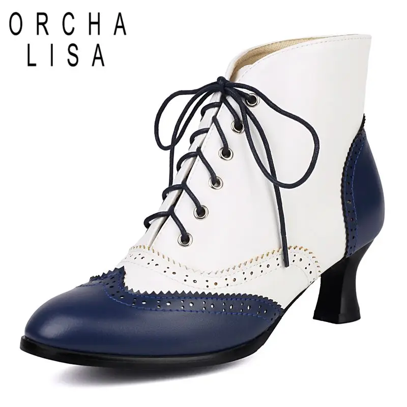 

ORCHA LISA New Design Women Ankle Boots Round Toe Strange Heels 5cm Lace Up Mixed Color Plus Size 41 42 43 Vintage Daily Bota