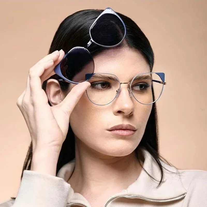 BREZ Clip On Prescription Myopia Glasses Women Magnetic Fashion Optical Geometric Cat Eye Driving Polarized Sunglasses 95997