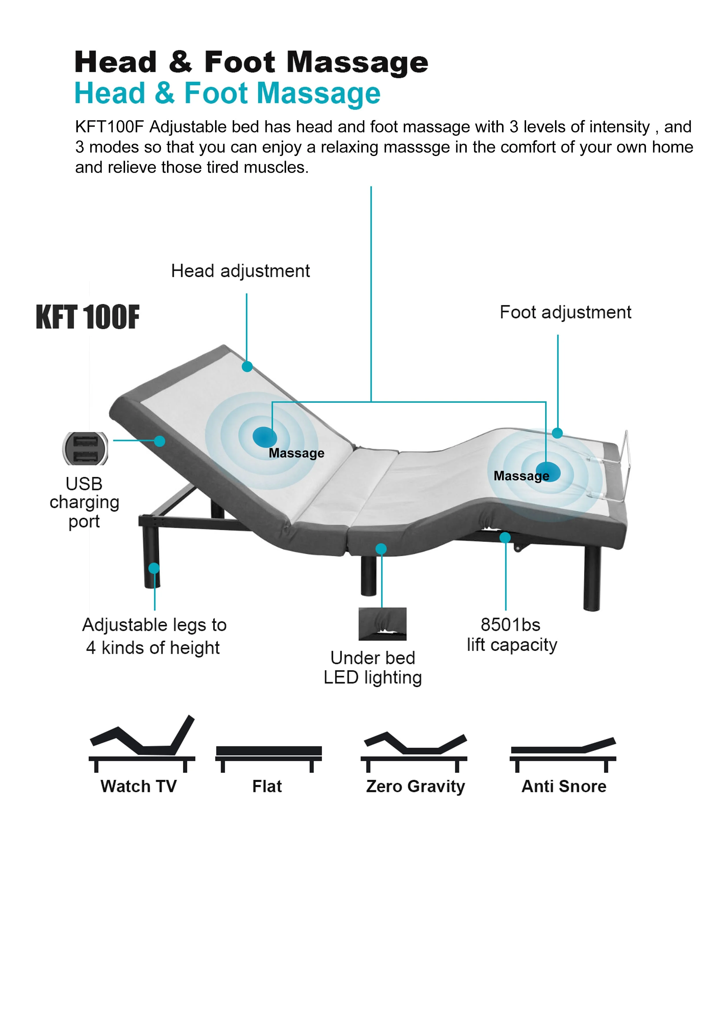 Electric Massage Adjustable Fold King Split Bed with Synchronizing Function