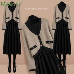 2024 Autumn/Winter New Korean Elegant V-neck Contrast Knit Sweater Coat+High Neck Dress Two Piece Women's Fashion Matching Set