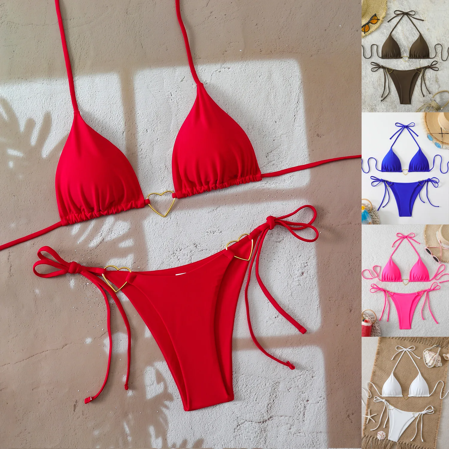 

Женский купальник-бикини в европейском и американском стиле, с треугольными чашечками, сексуальный раздельный купальник, однотонный, соблазнительный купальник.
