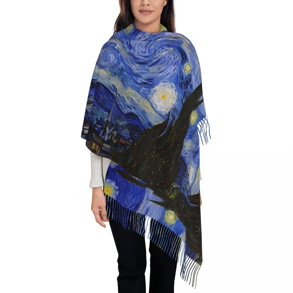 The Starry Night Van Gogh Shawl Wraps Women Warm Large Long Scarf Starry Sky Oil Painting Pashmina Tassel Scarves