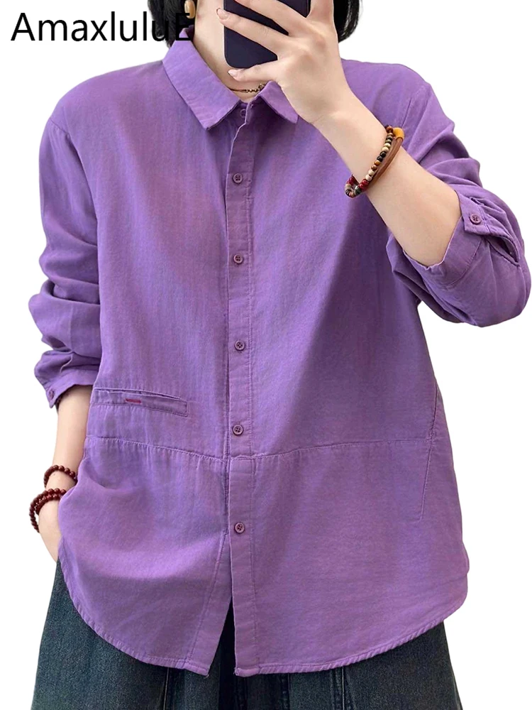 

Amax LuluE Korean Design Tops Womens Autumn Fashion Loose Cotton Shirts Ladies Casual Vintage Classic Solid Long Sleeve Blouses