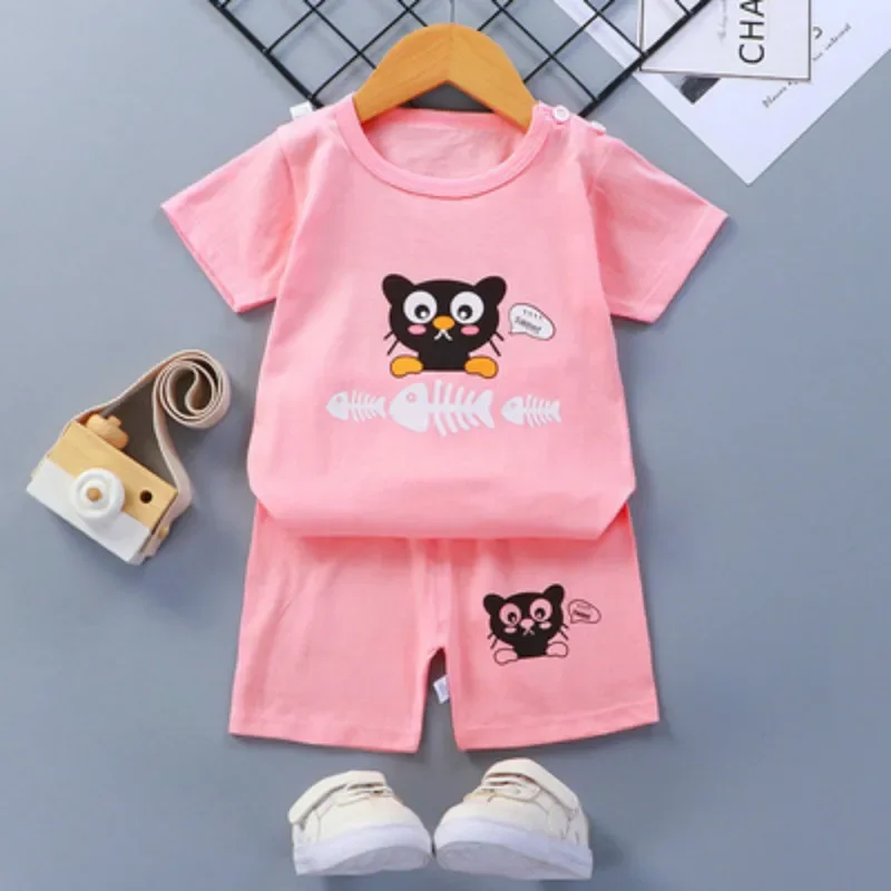 

Summer Cute Cartoon Pyjamas Suit Sleeping Clothes Kids Short Sleeve Pajama Set Costume For Boy Casual Wear T Shirt + Pants Girls