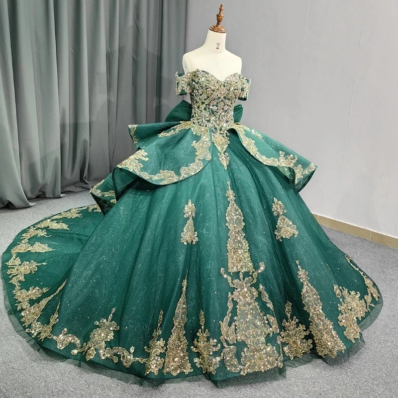 

Luxury Blackish Green Quinceanera Dresses For 16 Girl Gold Appliques Lace Beading Princess Birthday Prom Ball Gowns vestidos de