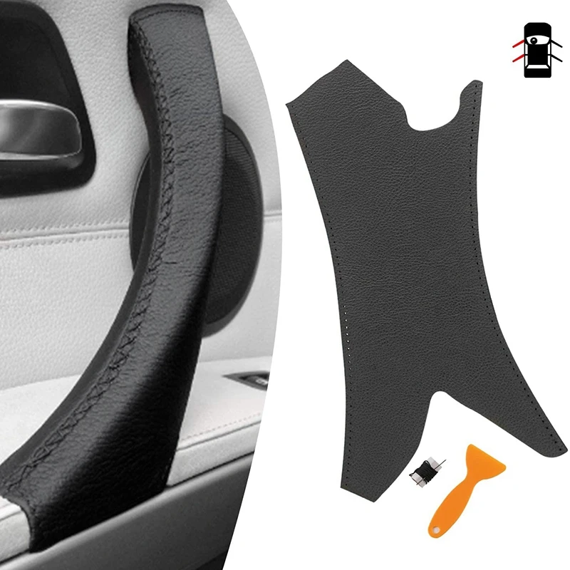 Penutup gagang pintu Interior mobil penutup pinggiran tarik pegangan Panel pintu kulit untuk-3 Series 2005-2012 E90 E91 hitam