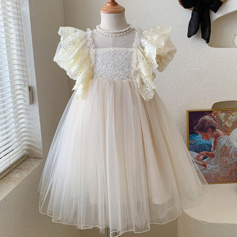 2-10Y Summer Girls Dress Lace Flower Binding Pearl Embellishments Puff Sleeve Princess Dresses For Girl Kids Party Mesh Clothes