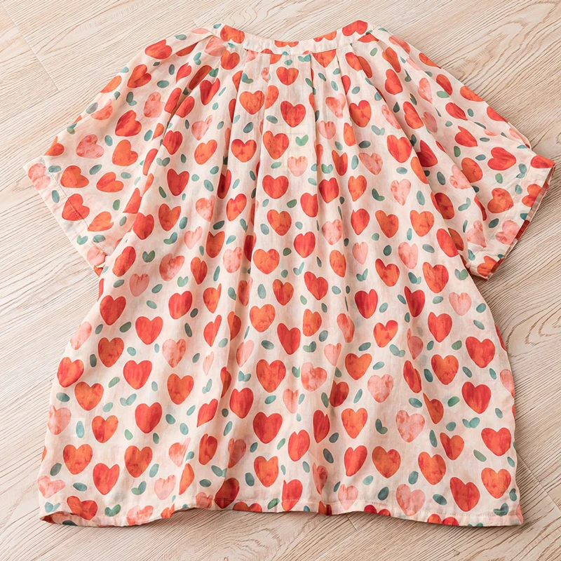 Summer New Cotton Girlish Round Neck Shirts Short Sleeves Heart Printed Loose Breathable Pastoral Style Button Coats Blouses