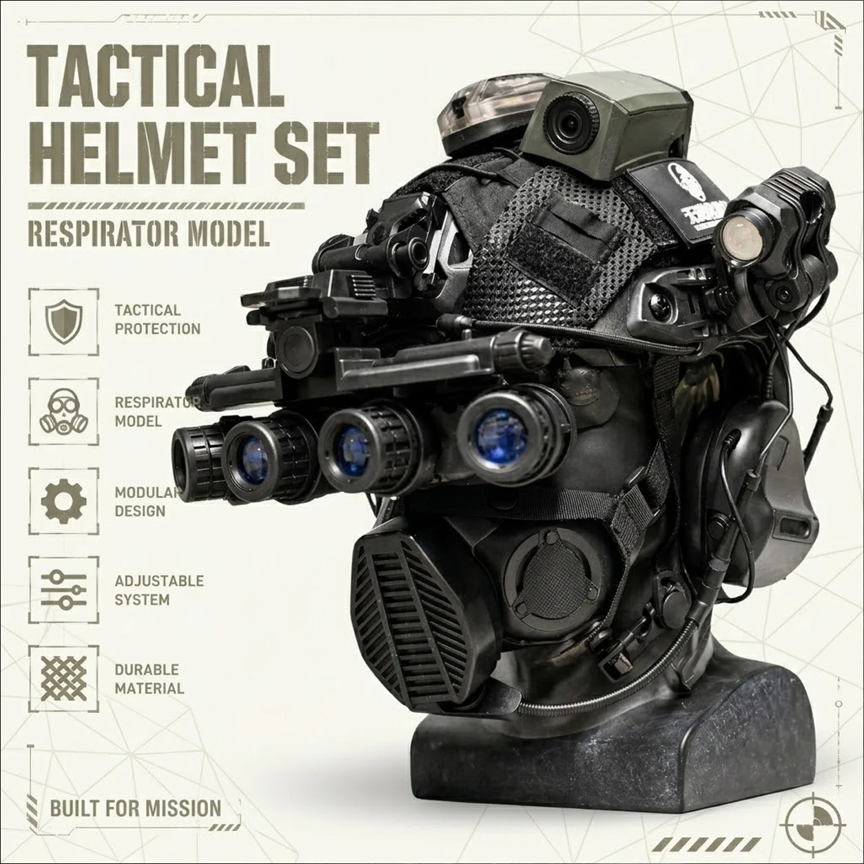 Tactical Helmet Set with (Respirator Night Vision Goggles Camera Model ) and Signal Light  Headset Airsoft Protective Helmet Kit