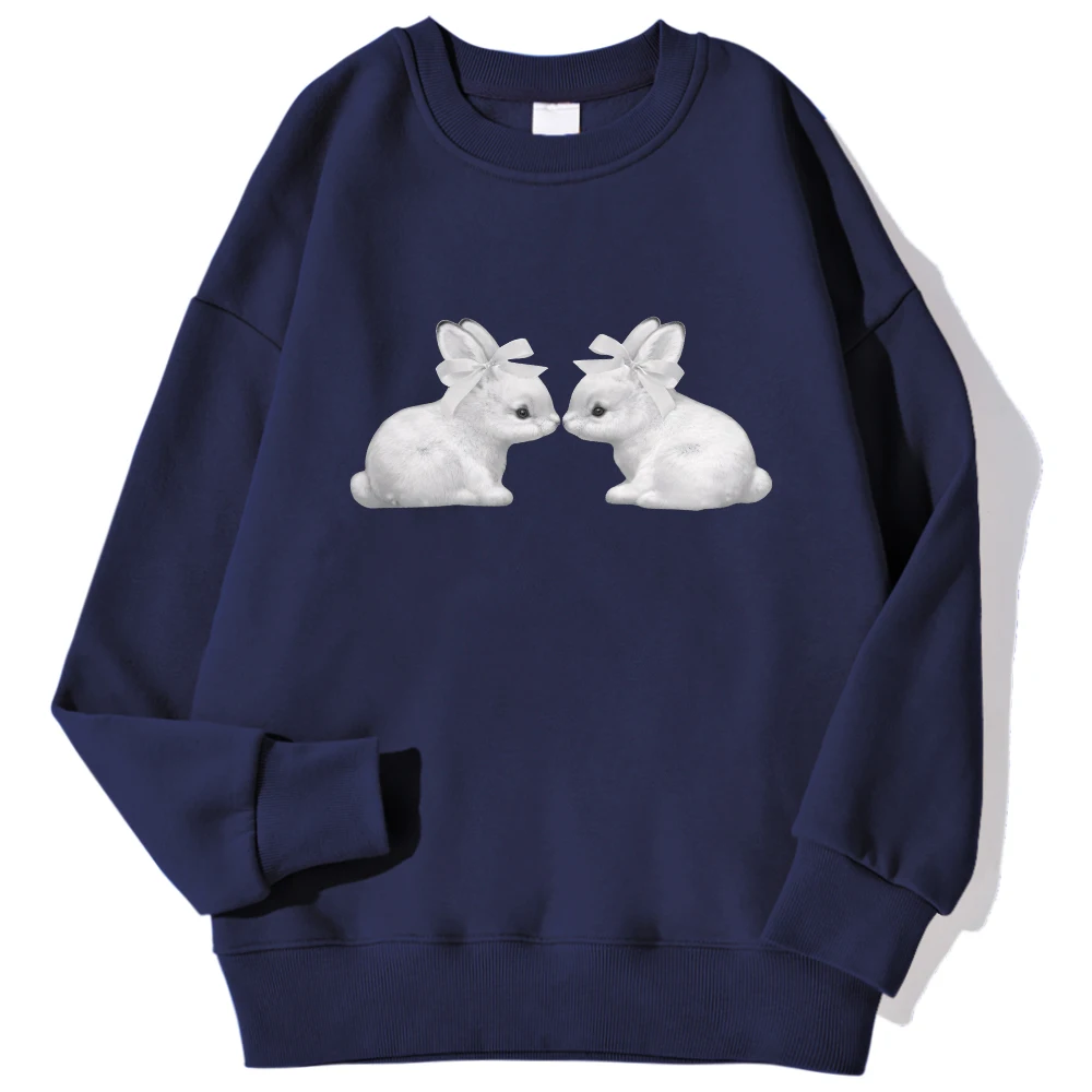 Street Women Sweatshirts Kawaii White Bow Rabbit Printing Hoodies Comfortable All-Math Pullover Crewneck Loose Female Tops